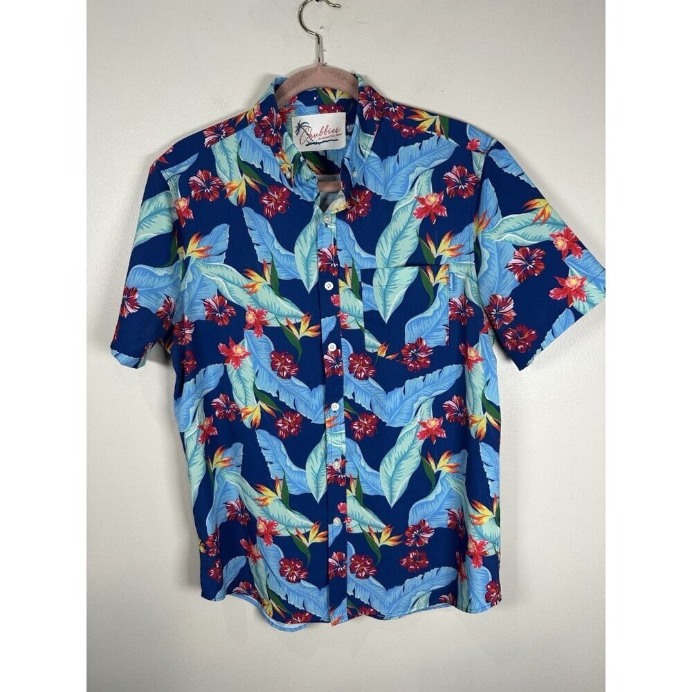 Chubbies Hawaiian Shirt Mens Medium Blue Palm Leaves